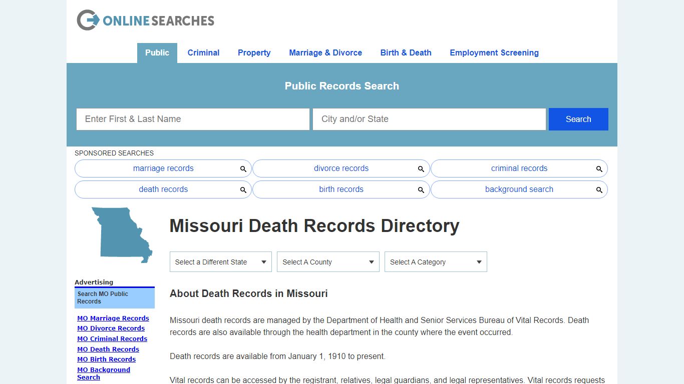 Missouri Death Records Search Directory - OnlineSearches.com