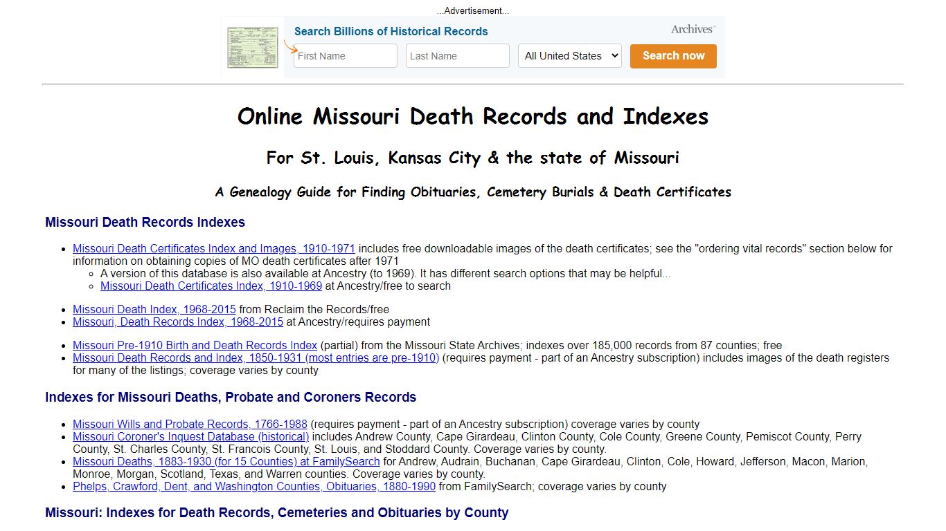 Online Missouri Death Indexes, Records & Obituaries